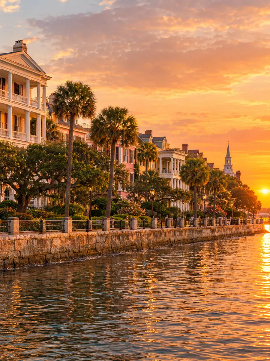 Pastel mansions and palmettos along the Charleston Battery seawall at golden hour