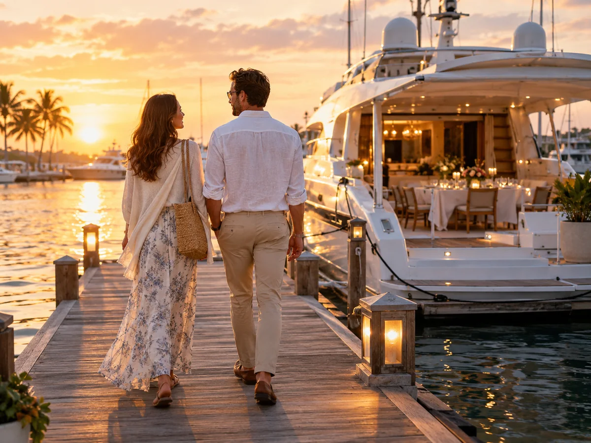 A couple in a sundress and linen shirt walking along a marina dock toward a white yacht at golden hour