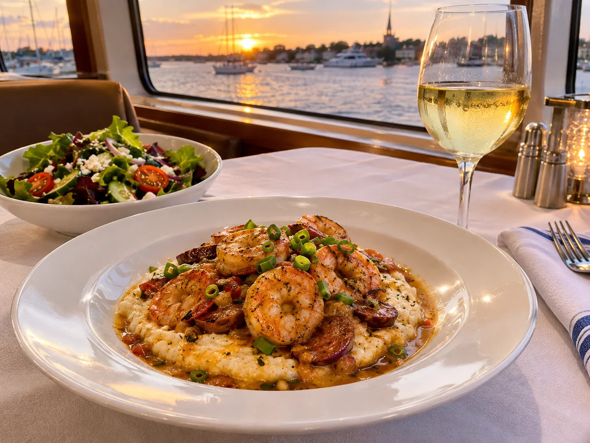 A plate of shrimp and grits with a side salad and white wine on a table by a harbor window