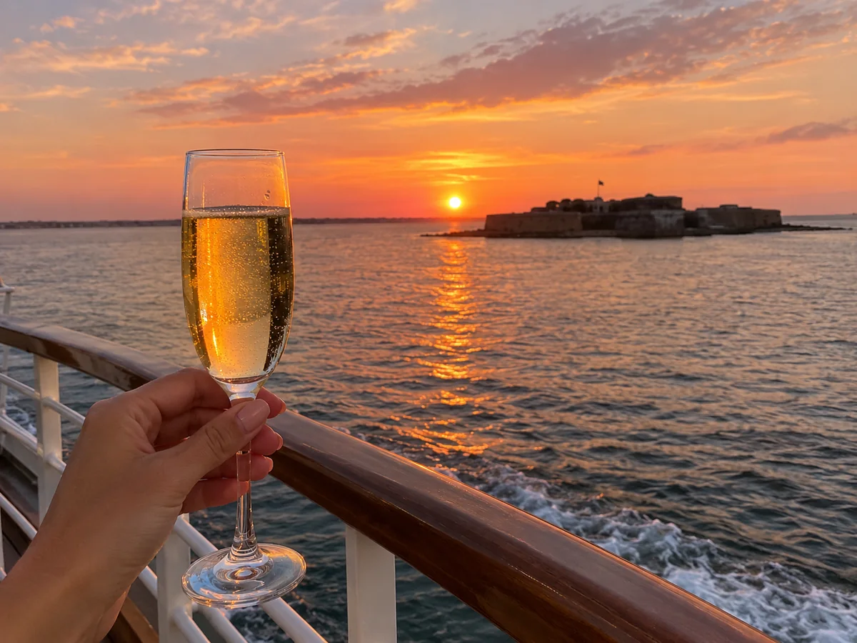 A glass of sparkling wine held over the rail of a boat as the sun sets over Charleston Harbor